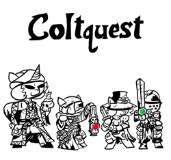 Size: 640x600 | Tagged: safe, artist:ficficponyfic, oc, oc:emerald jewel, oc:homage, oc:joyride, oc:larimar, oc:ruby rouge, earth pony, pony, unicorn, fallout equestria, adult, candle, child, clothes, colt, colt quest, dagger, darkest dungeon, female, filly, foal, hat, helmet, horn, knight, lamp, male, mare, monochrome, parody, robes, skull, smiling, sword, video game, weapon