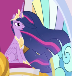 Size: 987x1045 | Tagged: safe, screencap, princess twilight 2.0, twilight sparkle, twilight sparkle (alicorn), alicorn, pony, the last problem, cropped, crown, ethereal mane, female, hoof shoes, jewelry, mare, older, older twilight, peytral, regalia, sitting, solo, throne