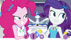 Size: 1280x720 | Tagged: safe, screencap, pinkie pie, rarity, better together, do it for the ponygram!, equestria girls, cute, evil grin, geode of shielding, geode of sugar bombs, grin, magical geodes, raribetes, rarity's bedroom, smiling