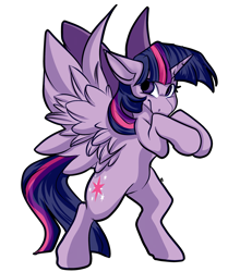 Size: 2035x2435 | Tagged: safe, artist:econcoction, twilight sparkle, twilight sparkle (alicorn), alicorn, pony, bipedal, female, looking at you, mare, rearing, simple background, solo, spread wings, transparent background, wings