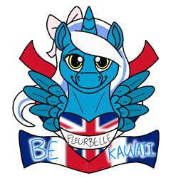 Size: 800x800 | Tagged: safe, artist:vegasyote, oc, oc:fleurbelle, alicorn, pony, alicorn oc, bow, british, female, flag, hair bow, mare, smiling, union jack