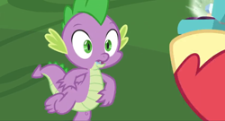 Size: 1600x864 | Tagged: safe, screencap, big macintosh, spike, dragon, the big mac question, claws, greed spike, greedy, hooves, marriage ring, ring, salivating, shrunken pupils, spread toes, toes, winged spike