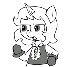 Size: 640x600 | Tagged: safe, artist:ficficponyfic, oc, oc only, oc:sweetie candy, pony, unicorn, adult, clothes, colt quest, cyoa, female, glare, gloves, grayscale, horn, mare, monochrome, open mouth, shirt, simple background, solo, story included, talking, unhappy, white background