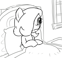Size: 640x600 | Tagged: safe, artist:ficficponyfic, oc, oc:emerald jewel, earth pony, pony, bed, blanket, child, colt, colt quest, cyoa, foal, frown, hair over one eye, male, monochrome, pillow, solo, story included, window