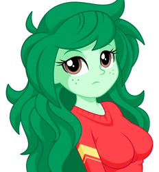 Size: 827x893 | Tagged: safe, artist:rosemile mulberry, wallflower blush, equestria girls, breasts, busty wallflower blush, clothes, female, freckles, looking at you, simple background, solo, sweater, sweater puppies, white background