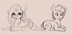 Size: 3432x1683 | Tagged: safe, artist:miokomata, fluttershy, oc, oc:coffee, pegasus, pony, unicorn, chest fluff, duo, female, floppy ears, freckles, looking at you, mare, simple background