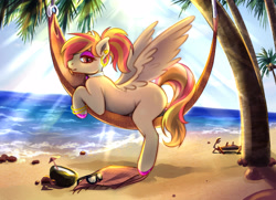 Size: 4000x2896 | Tagged: safe, artist:raranfa, oc, oc only, oc:carrot spring, pegasus, pony, beach, ear piercing, earring, female, hammock, hooped earrings, jewelry, looking at you, looking sideways, mare, palm tree, piercing, profile, side view, solo, tree, water