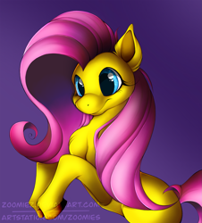 Size: 1991x2200 | Tagged: safe, artist:zoomiez, fluttershy, pegasus, pony, chest fluff, cute, ear fluff, female, gradient background, leg fluff, mare, missing cutie mark, rearing, shyabetes, smiling, solo, three quarter view, unshorn fetlocks