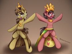 Size: 3200x2400 | Tagged: safe, artist:milkychocoberry, oc, oc:nuning, oc:salasika, earth pony, pony, bipedal, duo, flower, indonesia, jewelry, necklace, nusaponycon, regalia, sarong