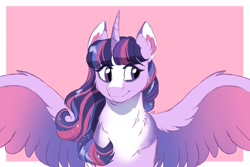 Size: 1200x800 | Tagged: safe, artist:scarletskitty12, twilight sparkle, twilight sparkle (alicorn), alicorn, pony, blaze (coat marking), bust, cheek fluff, chest fluff, coat markings, cute, ear fluff, female, mare, solo, spread wings, twiabetes, two toned wings, wings