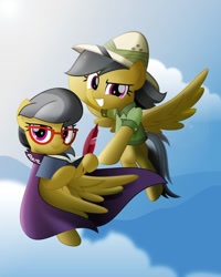 Size: 600x750 | Tagged: safe, artist:jhayarr23, a.k. yearling, daring do, pegasus, pony, book, cloud, duality, female, flying, glasses, hat, hoof hold, looking at you, mare, quill, sky, smiling