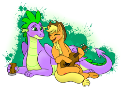 Size: 3481x2520 | Tagged: safe, artist:bellbell123, applejack, spike, dragon, earth pony, pony, abstract background, applespike, blushing, braid, cute, eyes closed, female, guitar, high res, male, mare, musical instrument, older, older spike, open mouth, prone, shipping, sitting, straight, tankard, winged spike