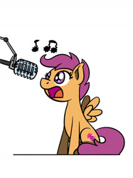 Size: 1280x1707 | Tagged: safe, artist:flutterluv, scootaloo, pegasus, pony, cutie mark, female, filly, microphone, music notes, open mouth, ponified animal photo, simple background, singing, sitting, solo, the cmc's cutie marks, white background