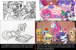 Size: 1188x783 | Tagged: safe, artist:lauren faust, edit, edited screencap, screencap, applejack, pinkie pie, rarity, spike, twilight sparkle, twilight sparkle (alicorn), unicorn twilight, alicorn, dragon, earth pony, pegasus, pony, unicorn, g4, my little pony: pony life, book, comparison, female, golden oaks library, looking at you, mare, op is a cuck, op is trying to start shit, op is trying to start shit so badly that it's kinda funny, op is trying too hard, sketch