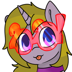 Size: 471x471 | Tagged: safe, artist:thanhvy15599, derpibooru exclusive, oc, oc only, oc:viola music heart, pony, unicorn, 2020 glasses, :p, cute, female, glasses, head shot, mare, new year, simple background, tongue out, transparent background, unicorn oc, ych example, yellow hair, your character here