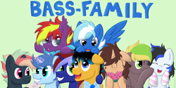 Size: 1200x600 | Tagged: safe, artist:exobass, oc, oc:anny tr3e, oc:black ice, oc:cuey, oc:darkpanties, oc:exobass, oc:lightflare, oc:starbass, oc:woon, bat pony, pegasus, pony, unicorn, bat pony oc, cider, clothes, family, magic, pegasus oc, shirt, socks, unicorn oc