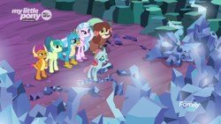 Size: 1366x768 | Tagged: safe, screencap, gallus, ocellus, sandbar, silverstream, smolder, yona, changedling, changeling, classical hippogriff, dragon, earth pony, griffon, hippogriff, pony, yak, uprooted, bow, broken, crystal, discovery family logo, dragoness, female, hair bow, male, reaction, reaction image, rubble, sad, shattered, student six, tree of harmony