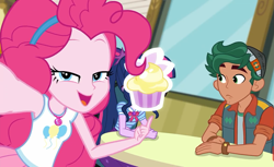 Size: 1175x720 | Tagged: safe, screencap, pinkie pie, sci-twi, timber spruce, twilight sparkle, better together, do it for the ponygram!, equestria girls, clothes, cupcake, female, food, frosting, geode of sugar bombs, geode of telekinesis, lemon drop cupcake, magic cupcake touch, magical geodes, male, smiling, table