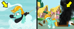 Size: 1296x506 | Tagged: safe, artist:kayman13, lightning dust, pony, the washouts (episode), angry, arrow, arrows, bandage, destruction, female, mare, noughtpointforlive, rope, sad, smoke