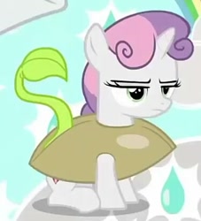 Size: 375x413 | Tagged: safe, screencap, sweetie belle, pony, forever filly, annoyed, clothes, cosplay, costume, cropped, cute, seedie belle, seeds, solo focus