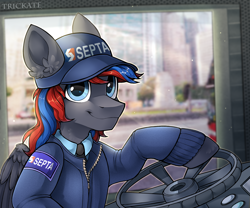 Size: 3000x2500 | Tagged: safe, artist:trickate, oc, oc only, oc:smooth walker, pegasus, pony, bus, bust, cap, clothes, hat, looking at you, male, necktie, portrait, septa, smiling, smiling at you, solo, stallion, uniform
