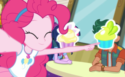 Size: 1171x720 | Tagged: safe, screencap, pinkie pie, sci-twi, timber spruce, twilight sparkle, better together, do it for the ponygram!, equestria girls, cupcake, eyes closed, female, food, geode of sugar bombs, geode of telekinesis, key lime cupcake, lemon drop cupcake, magic cupcake touch, magical geodes, male, pointing, shipping, smiling, straight, table, timbertwi