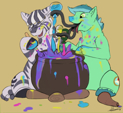 Size: 2100x1936 | Tagged: safe, artist:scruffasus, oc, oc only, oc:ruzeth, oc:zuthal, monster pony, original species, pony, tatzlpony, zebra, armpits, cauldron, male, messy, one eye closed, potion, tongue hold