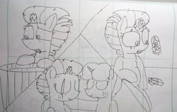 Size: 4702x2992 | Tagged: safe, artist:徐詩珮, fizzlepop berrytwist, spring rain, tempest shadow, pony, unicorn, broken horn, female, horn, lesbian, lineart, mare, pregnancy test, pregnant, shipping, springshadow, traditional art