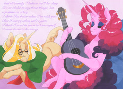 Size: 4296x3114 | Tagged: safe, artist:frozensoulpony, oc, oc:hornswoggle, oc:strawberry essence, pony, unicorn, female, glasses, mare, offspring, parent:flam, parent:party favor, parent:pinkie pie, parent:primrose, parents:partypie, traditional art, ukulele