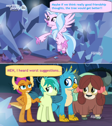 Size: 1364x1528 | Tagged: safe, edited screencap, screencap, gallus, sandbar, silverstream, smolder, yona, classical hippogriff, dragon, earth pony, griffon, hippogriff, pony, yak, uprooted, bow, broken, cloven hooves, comic, dialogue, dragoness, female, grammar error, hair bow, male, screencap comic, shattered, speech bubble, tree of harmony
