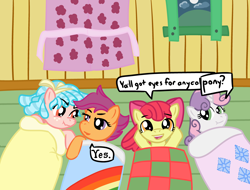 Size: 4096x3112 | Tagged: safe, artist:poniidesu, apple bloom, cozy glow, scootaloo, sweetie belle, earth pony, pegasus, pony, unicorn, /mlp/, blanket, cloud, clubhouse, cozy glow is not amused, cozyloo, curtain, cutie mark crusaders, female, filly, hill, lesbian, moon, night, nordic gamer, scrunchy face, shipping, sleepover, text, window, yes