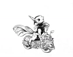 Size: 1024x795 | Tagged: safe, artist:tillie-tmb, twilight velvet, pony, fanfic:spectrum of lightning, series:daring did tales of an adventurer's companion, helmet, monochrome, motorcycle, solo, traditional art