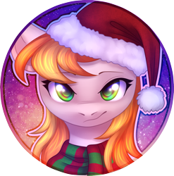 Size: 1433x1452 | Tagged: safe, artist:avrameow, copper top, earth pony, pony, alternate hairstyle, christmas, clothes, commission, female, hat, holiday, icon, looking at you, mare, santa hat, scarf, solo, ych result, your character here