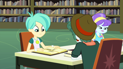 Size: 1280x720 | Tagged: safe, screencap, aqua blossom, scott green, tennis match, equestria girls, friendship games, background human, book, bookshelf, clothes, female, hat, male, reading, smiling