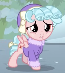 Size: 472x532 | Tagged: safe, screencap, cozy glow, pegasus, pony, frenemies (episode), clothes, cropped, crying, female, filly, foal, hat, solo, winter outfit