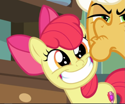 Size: 755x624 | Tagged: safe, screencap, apple bloom, goldie delicious, earth pony, pony, going to seed, adorabloom, cropped, cute, elderly, faic, female, filly, happy, smiling, solo focus, teeth