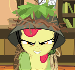 Size: 1004x939 | Tagged: safe, screencap, apple bloom, earth pony, pony, going to seed, cropped, evil grin, female, filly, grin, hat, looking at you, narrowed eyes, rope, saddle bag, smiling, solo