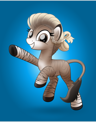 Size: 800x1015 | Tagged: safe, artist:jhayarr23, oc, oc only, oc:mikaella, donkey, hybrid, zebra, zebroid, zonkey, fallout equestria, fallout equestria: of shadows, blue background, female, grin, looking at you, simple background, smiling, solo