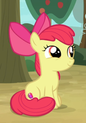 Size: 504x720 | Tagged: safe, screencap, apple bloom, earth pony, pony, going to seed, adorabloom, bow, cropped, cute, female, filly, hair bow, offscreen character, sitting, smiling