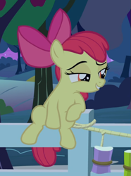 Size: 591x794 | Tagged: safe, screencap, apple bloom, earth pony, pony, going to seed, bow, cropped, female, fence, filly, foal, grin, hair bow, lidded eyes, raised eyebrow, rope, sitting, smiling, smirk, smug, solo