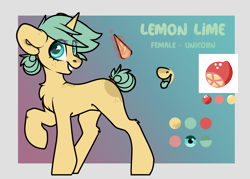 Size: 2500x1792 | Tagged: safe, artist:itsspoopsb, artist:spoopygander, oc, oc:lemon lime (ender), pony, unicorn, female, glowing horn, horn, looking at you, mare, reference, reference sheet, smiling, tongue out