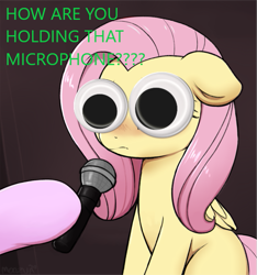 Size: 561x600 | Tagged: safe, artist:captain metric, artist:moozua, edit, fluttershy, pegasus, pony, big eyes, blushing, caption, crying, crying cat, cute, dilated pupils, female, floppy ears, googly eyes, hoof hold, hooves, lampshade hanging, looking at you, mare, meme, microphone, offscreen character, ponified animal photo, ponified meme, sad, sadorable, shyabetes, solo focus, subverted meme, teary eyes, text, textless