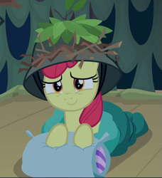 Size: 857x940 | Tagged: safe, screencap, apple bloom, earth pony, pony, going to seed, adorabloom, cropped, cute, female, filly, hat, pillow, sleeping bag, smiling, solo