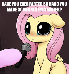 Size: 958x1024 | Tagged: safe, artist:captain metric, artist:moozua, edit, fluttershy, pegasus, pony, big eyes, blushing, caption, crying, crying cat, cute, dilated pupils, female, floppy ears, hoof hold, hooves, image macro, implied farting, looking at you, mare, meme, microphone, offscreen character, ponified animal photo, ponified meme, sad, sadorable, shyabetes, solo focus, teary eyes, text