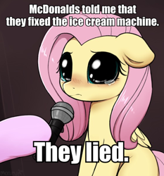Size: 558x599 | Tagged: safe, artist:captain metric, artist:moozua, edit, fluttershy, pegasus, pony, big eyes, blushing, caption, crying, crying cat, cute, dilated pupils, female, floppy ears, hoof hold, hooves, image macro, looking at you, mare, mcdonald's, meme, microphone, offscreen character, ponified animal photo, ponified meme, sad, sadorable, shyabetes, solo focus, teary eyes, text