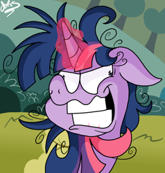 Size: 662x694 | Tagged: safe, artist:chrissie-boo, twilight sparkle, unicorn twilight, pony, unicorn, lesson zero, crazy face, derp, faic, female, floppy ears, glowing horn, gritted teeth, horn, mare, messy hair, scene interpretation, slasher smile, solo, twilight snapple