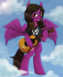 Size: 2900x3500 | Tagged: safe, artist:arteshna, pegasus, pony, acoustic guitar, bipedal, clothes, cloud, commission, guitar, hoof hold, male, musical instrument, nose piercing, pierce the veil, piercing, ponified, shirt, smiling, smirk, solo, spread wings, stallion, standing, sticker, t-shirt, vic fuentes, wings