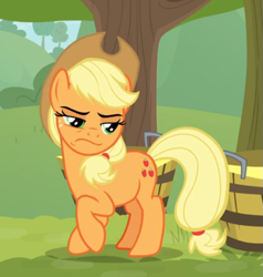 Size: 553x581 | Tagged: safe, derpibooru import, screencap, applejack, earth pony, pony, going to seed, applejack is not amused, cropped, female, freckles, mare, narrowed eyes, raised hoof, solo, unamused