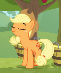 Size: 530x639 | Tagged: safe, screencap, applejack, earth pony, pony, going to seed, cropped, cute, cutie mark, eyes closed, pride, proud, raised hoof, silly, silly pony, smiling, solo, tied hair, who's a silly pony