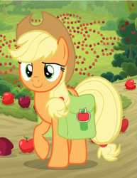 Size: 717x927 | Tagged: safe, derpibooru import, screencap, applejack, earth pony, pony, going to seed, apple, cropped, female, food, mare, raised hoof, saddle bag, smiling, solo